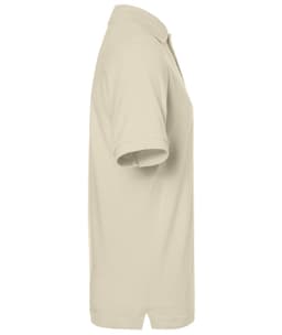 A beige polo shirt with a collar and short sleeves, featuring branding on the fabric.