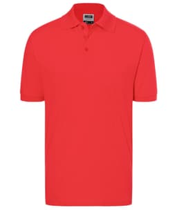 A red polo shirt featuring a collar and short sleeves, with a logo on the chest.
