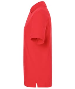 A red polo shirt with short sleeves and a collar, featuring a logo on the chest.