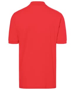 A red polo shirt featuring a collar and short sleeves, with a branding logo on the back.