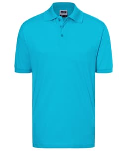 A turquoise polo shirt with a classic design, featuring a collar and three-button placket. Includes a logo.