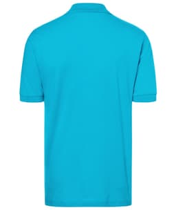 A turquoise polo shirt with short sleeves, featuring a branded logo on the back.