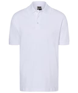 A white polo shirt with a collared neck and short sleeves, featuring a logo at the label area.