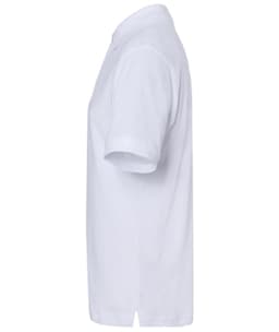A white polo shirt with a classic design and a branding logo on the chest.