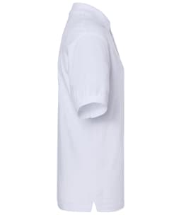 A white polo shirt displayed from the side, featuring a collar and short sleeves. It has a logo on the chest.
