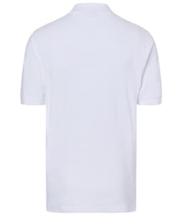 A white polo shirt with short sleeves, featuring a plain design and a logo on the chest.