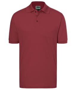 A maroon classic polo shirt with a collar and three buttons, featuring a logo on the chest.