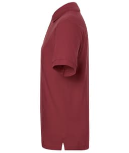 A maroon polo shirt with a collar and short sleeves, featuring a simple design and a branding logo.
