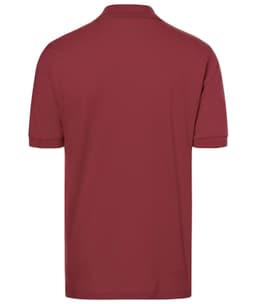 A maroon polo shirt with short sleeves, featuring a collar and a logo. The back view is displayed.