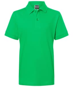 A bright green polo shirt featuring a collar and short sleeves, with a tag at the neck and a logo.