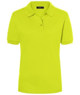 A bright lime green ladies' polo shirt featuring a collar and three-button placket, with a small logo.