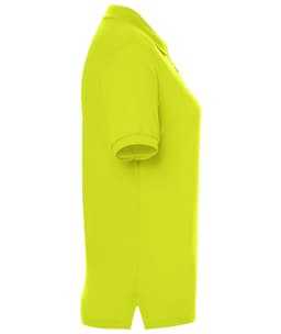 A bright yellow polo shirt with a collared neck and short sleeves, featuring a logo.