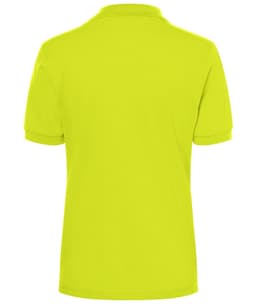 A bright yellow polo shirt with a classic design, featuring a collar and short sleeves. The shirt has a plain back.