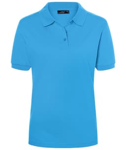 A light blue polo shirt for ladies with a classic fit, featuring a collar and a logo.