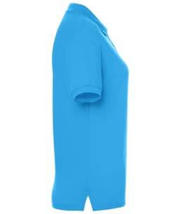 A side view of a ladies' classic polo shirt in bright blue, featuring a logo on the chest.