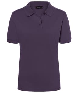 A purple polo shirt for ladies featuring a collar and short sleeves, complete with a logo.