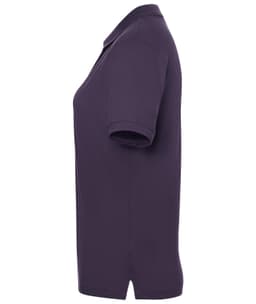 A purple polo shirt for ladies with short sleeves and a collar, featuring a logo on the front.