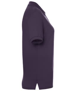 A purple polo shirt with short sleeves and a neat collar, featuring a logo on the chest.