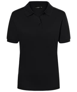 A black women's polo shirt with a collar and short sleeves, featuring a button placket and a logo.