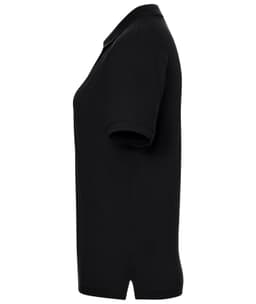 A black polo shirt for ladies, featuring a classic design and a small branding logo.