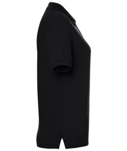 A black women's polo shirt displayed from the side, featuring a collar and short sleeves. It has a logo on the front.