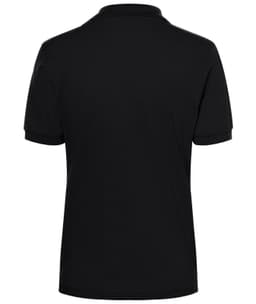 A black polo shirt with short sleeves and a collar, featuring a logo. The back view is shown.