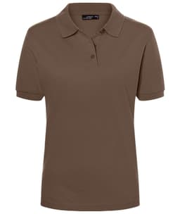 A brown ladies' polo shirt with a collared neckline and short sleeves, featuring a small logo.