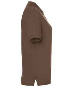 A brown ladies' polo shirt featuring a classic design and a logo on the chest.