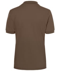 A brown polo shirt with a collar and short sleeves, featuring a logo on the back.