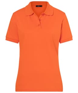 An orange Classic Polo Ladies shirt with a collar and three buttons, featuring a logo on the chest.