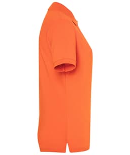 An orange polo shirt for women, featuring a classic design and a collar. The shirt has a logo on it.