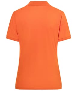 A ladies' polo shirt in bright orange, featuring a collar and short sleeves. It has a logo on the back.
