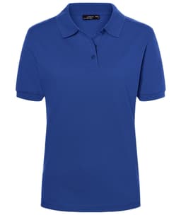 A blue women's polo shirt featuring a collar and three buttons, with short sleeves and a logo on the chest.