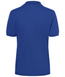 A blue classic polo shirt with a collar and short sleeves, featuring a logo on the back.