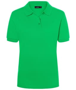 A green polo shirt with a collar and short sleeves, featuring a logo on the chest area.