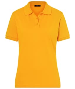 A classic polo shirt in bright yellow, featuring a collar and button-up placket, with a logo on the chest.