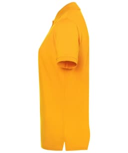 A side view of a ladies' polo shirt in bright yellow, featuring a collar and short sleeves, with a logo.