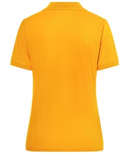 A yellow polo shirt for ladies featuring a classic design and a collar. The shirt has a logo on it.