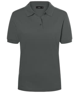 A grey ladies' polo shirt with short sleeves and a classic collar, featuring a logo on the chest.