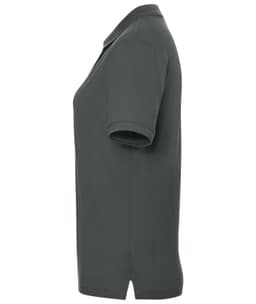 A grey polo shirt for ladies featuring short sleeves and a collar, with a logo on the front.