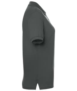 A grey classic polo shirt with a collar and a side view. It features short sleeves and has a logo.