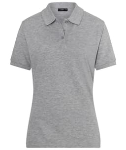 A grey ladies' polo shirt with a traditional collar and short sleeves, featuring a logo on the chest.