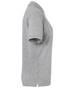 A grey ladies' polo shirt with a classic collar and short sleeves, featuring a logo.
