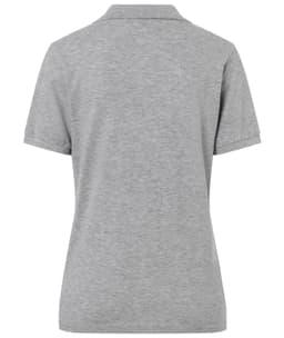 A grey women's classic polo shirt featuring a collar and short sleeves, with a logo on the back.