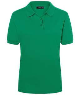 A green ladies' polo shirt with a classic design, featuring a collar and three buttons, and a logo on the chest.