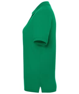 A green polo shirt with short sleeves, displaying a side view and featuring a logo on the chest area.