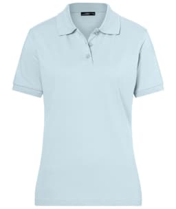 A light blue polo shirt for ladies, featuring a collar, short sleeves, and a logo on the chest.