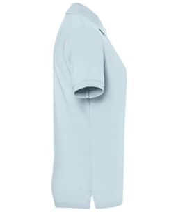 A light blue ladies' polo shirt with a collar and short sleeves, featuring a logo on the side.