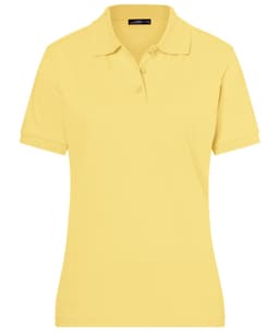 A yellow ladies polo shirt with a classic design, featuring a collar and short sleeves. It has a logo on it.