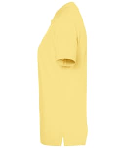 A yellow polo shirt for ladies, featuring short sleeves and a collar, with a logo displayed.